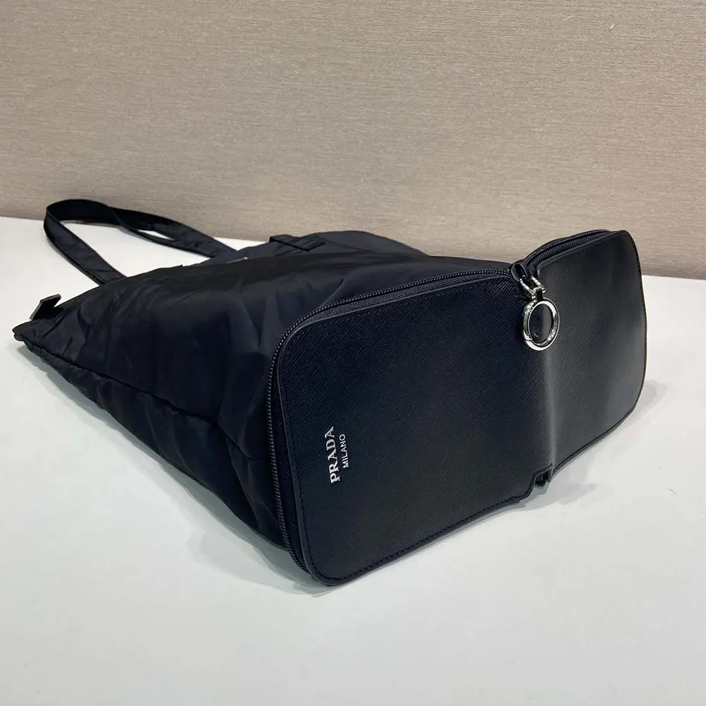 Prada Women Saffiano Leather Pendant With Re-Nylon Tote Bag-Black 7 Prada Women Saffiano Leather Pendant With Re-Nylon Tote Bag-Black