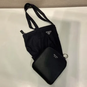 Prada Women Saffiano Leather Pendant With Re-Nylon Tote Bag-Black