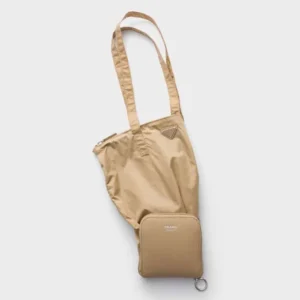 Prada Women Saffiano Leather Pendant With Re-Nylon Tote Bag-Camel Brown