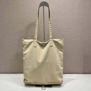 Prada Women Saffiano Leather Pendant With Re-Nylon Tote Bag-Camel Brown