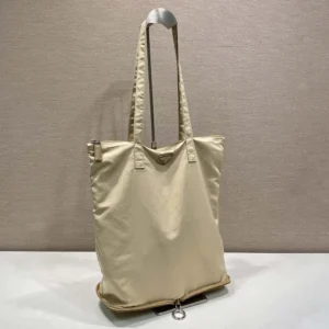 Prada Women Saffiano Leather Pendant With Re-Nylon Tote Bag-Camel Brown