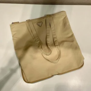 Prada Women Saffiano Leather Pendant With Re-Nylon Tote Bag-Camel Brown