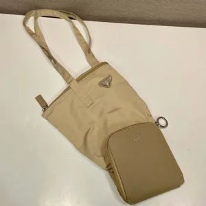 Prada Women Saffiano Leather Pendant With Re-Nylon Tote Bag-Camel Brown