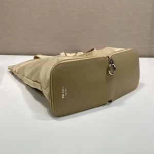Prada Women Saffiano Leather Pendant With Re-Nylon Tote Bag-Camel Brown
