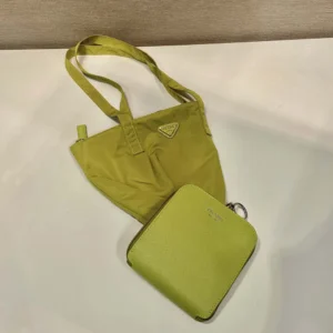 Prada Women Saffiano Leather Pendant With Re-Nylon Tote Bag-Green