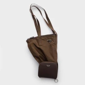 Prada Women Saffiano Leather Pendant With Re-Nylon Tote Bag-Sienna