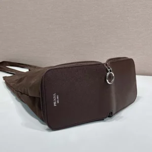 Prada Women Saffiano Leather Pendant With Re-Nylon Tote Bag-Sienna