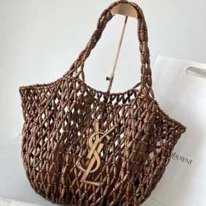 Saint Laurent YSL Women Icare Medium In Wood Beads Dark Brown
