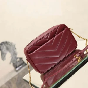 Saint Laurent YSL Women Loulou Camera Bag In Matelassé Lambskin-Rouge Cabernet