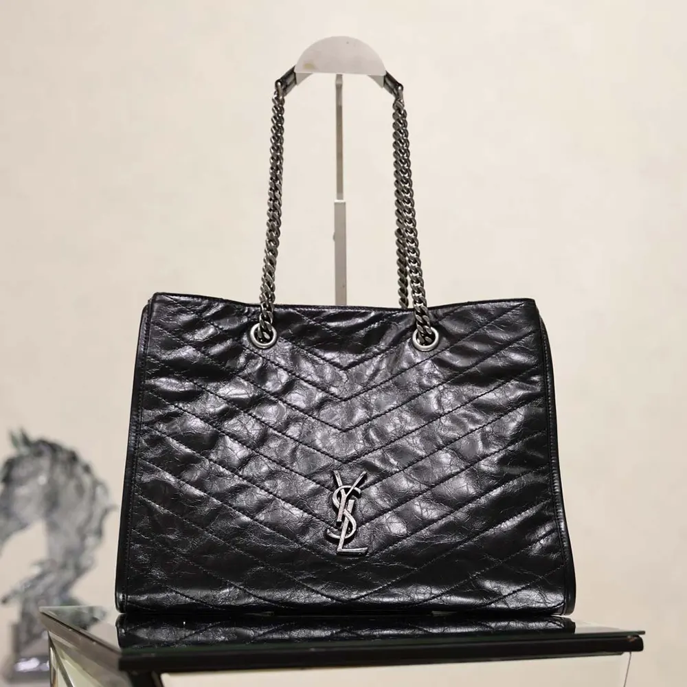 Saint Laurent YSL Women Niki Small Shopping In Vintage Leather Black