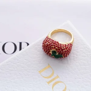 Dior Women Dioriviera Dior Sparkling Fruit Ring Gold-Finish Metal Red Crystals and Green Lacquer