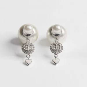 Dior Women Tribales Earrings Silver-Finish Metal White Resin Pearls and Crystals