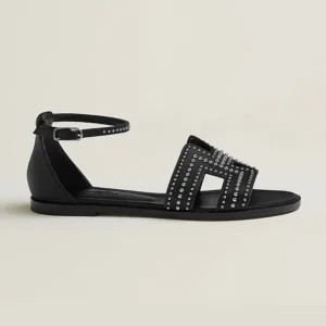 Hermes Women Santorini Sandal in Calfskin Black Leather