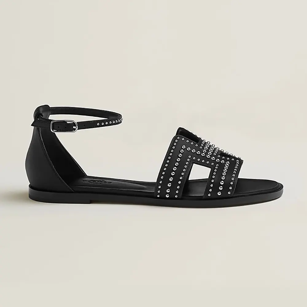 Hermes Women Santorini Sandal in Calfskin Black Leather H222112Z 1 Hermes Women Santorini Sandal in Calfskin Black Leather