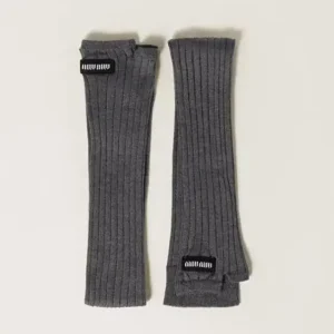 Miu Miu Women Ribbed Fingerless Gloves-Gray