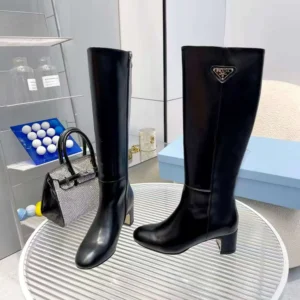Prada Women Brushed Leather Boots in 55mm Heel Black
