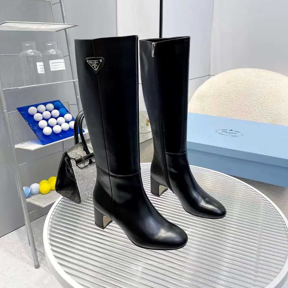 Prada Women Brushed Leather Boots in 55mm Heel Black