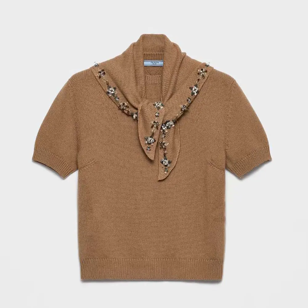 Prada Women Short-Sleeved Cashmere Sweater With Scarf P24D3G 1 Prada Women Short-Sleeved Cashmere Sweater With Scarf P24D3G