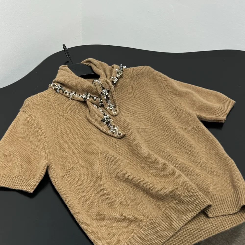 Prada Women Short-Sleeved Cashmere Sweater With Scarf P24D3G 7 Prada Women Short-Sleeved Cashmere Sweater With Scarf P24D3G