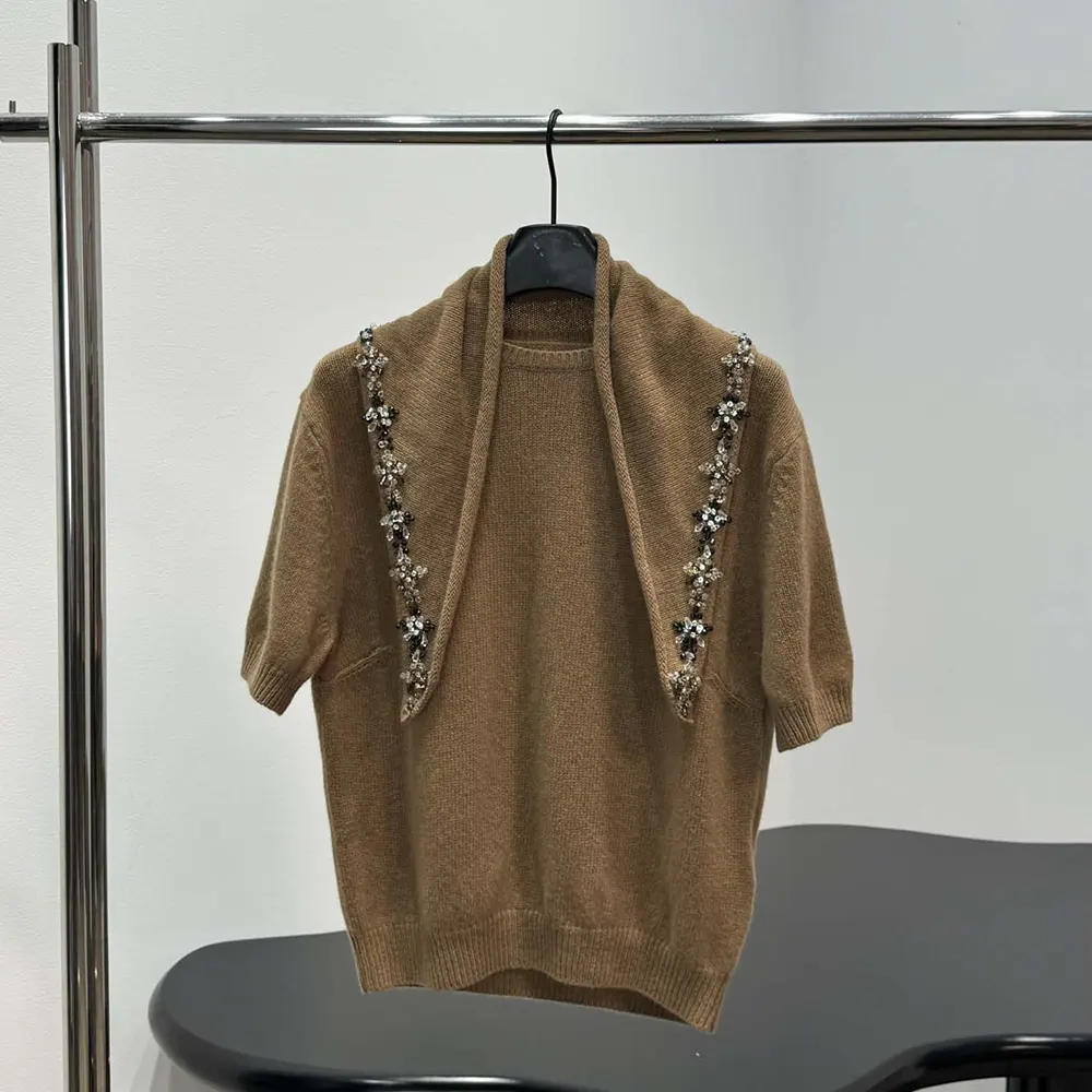 Prada Women Short-Sleeved Cashmere Sweater With Scarf P24D3G 2 Prada Women Short-Sleeved Cashmere Sweater With Scarf P24D3G
