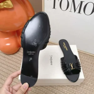 Saint Laurent YSL Women Babylone Slides In Smooth Leather Black