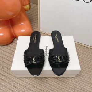 Saint Laurent YSL Women Babylone Slides In Smooth Leather Black