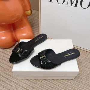 Saint Laurent YSL Women Babylone Slides In Smooth Leather Black