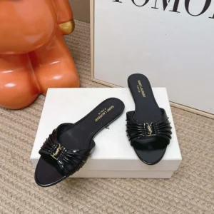 Saint Laurent YSL Women Babylone Slides In Smooth Leather Black