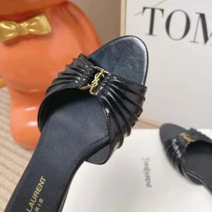 Saint Laurent YSL Women Babylone Slides In Smooth Leather Black