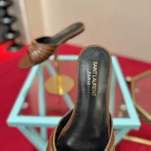 Saint Laurent YSL Women Babylone Slides In Smooth Leather Brown