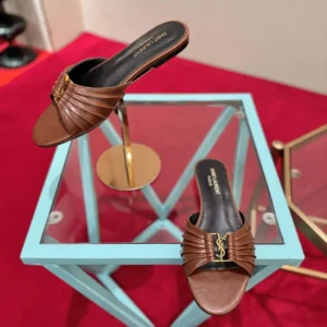 Saint Laurent YSL Women Babylone Slides In Smooth Leather Brown