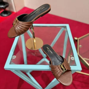 Saint Laurent YSL Women Babylone Slides In Smooth Leather Brown