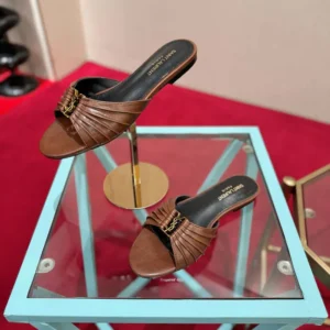 Saint Laurent YSL Women Babylone Slides In Smooth Leather Brown
