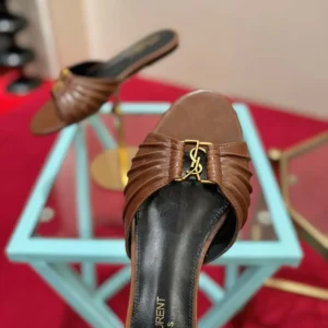 Saint Laurent YSL Women Babylone Slides In Smooth Leather Brown