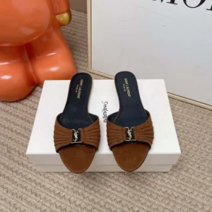 Saint Laurent YSL Women Babylone Slides In Suede Brown