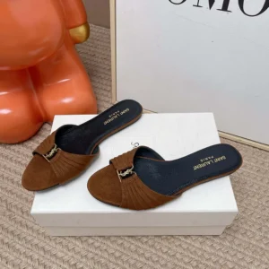 Saint Laurent YSL Women Babylone Slides In Suede Brown