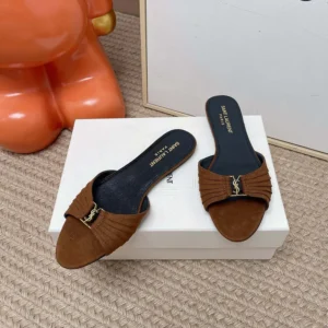 Saint Laurent YSL Women Babylone Slides In Suede Brown
