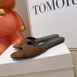 Saint Laurent YSL Women Babylone Slides In Suede Brown