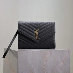 Saint Laurent YSL Women Cassandre Matelassé Flap Pouch In Grain De Poudre Leather Black