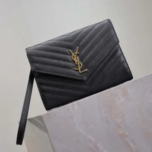 Saint Laurent YSL Women Cassandre Matelassé Flap Pouch In Grain De Poudre Leather Black