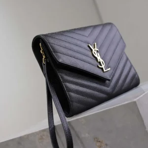 Saint Laurent YSL Women Cassandre Matelassé Flap Pouch In Grain De Poudre Leather Black