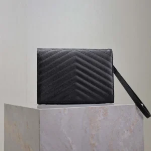Saint Laurent YSL Women Cassandre Matelassé Flap Pouch In Grain De Poudre Leather Black