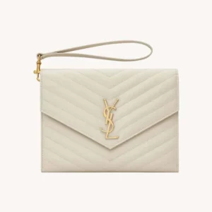 Saint Laurent YSL Women Cassandre Matelassé Flap Pouch In Grain De Poudre Leather White