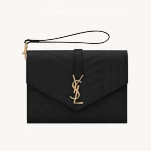 Saint Laurent YSL Women Envelope Flap Pouch In Mix Matelassé Grain De Poudre Leather Black