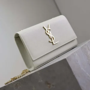 Saint Laurent YSL Women Kate Medium In Grain De Poudre Embossed Leather White